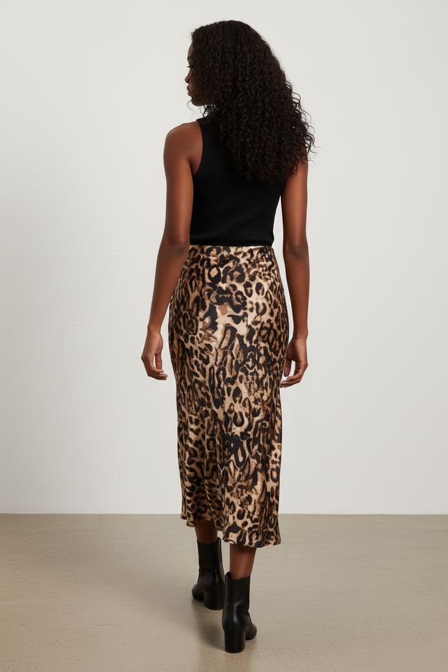 Jupe Satin Léopard Midi Fluide