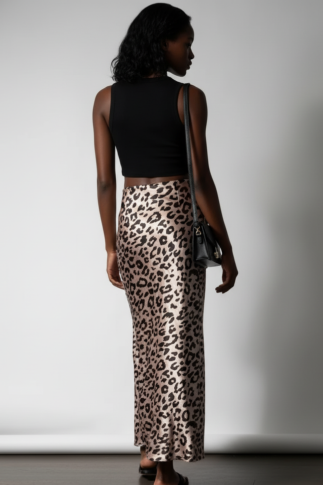 Jupe Satin Imprimé Léopard Maxi Élégante