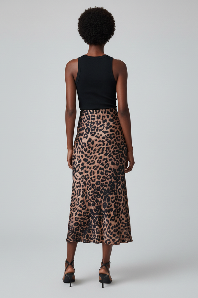 Jupe Satin Léopard Midi Élégante