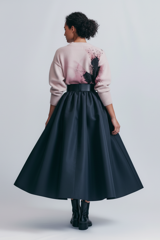 Jupe Satin Marine Évasée Élégante