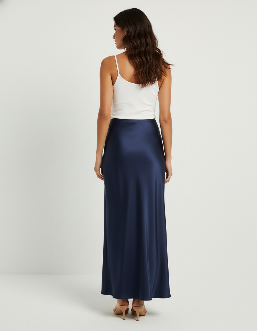 Jupe Satin Bleu Marine Fluide Élégante