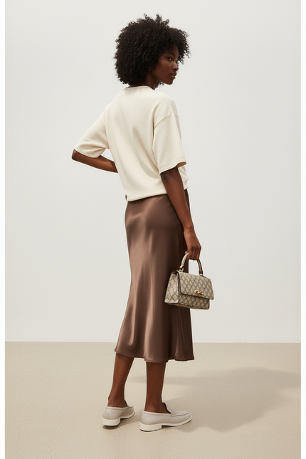 Jupe Satin Marron Fluide Élégante Quotidienne