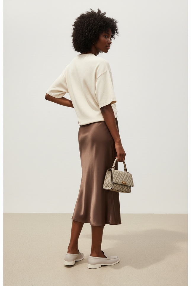 Jupe Satin Marron Fluide Élégante Quotidienne