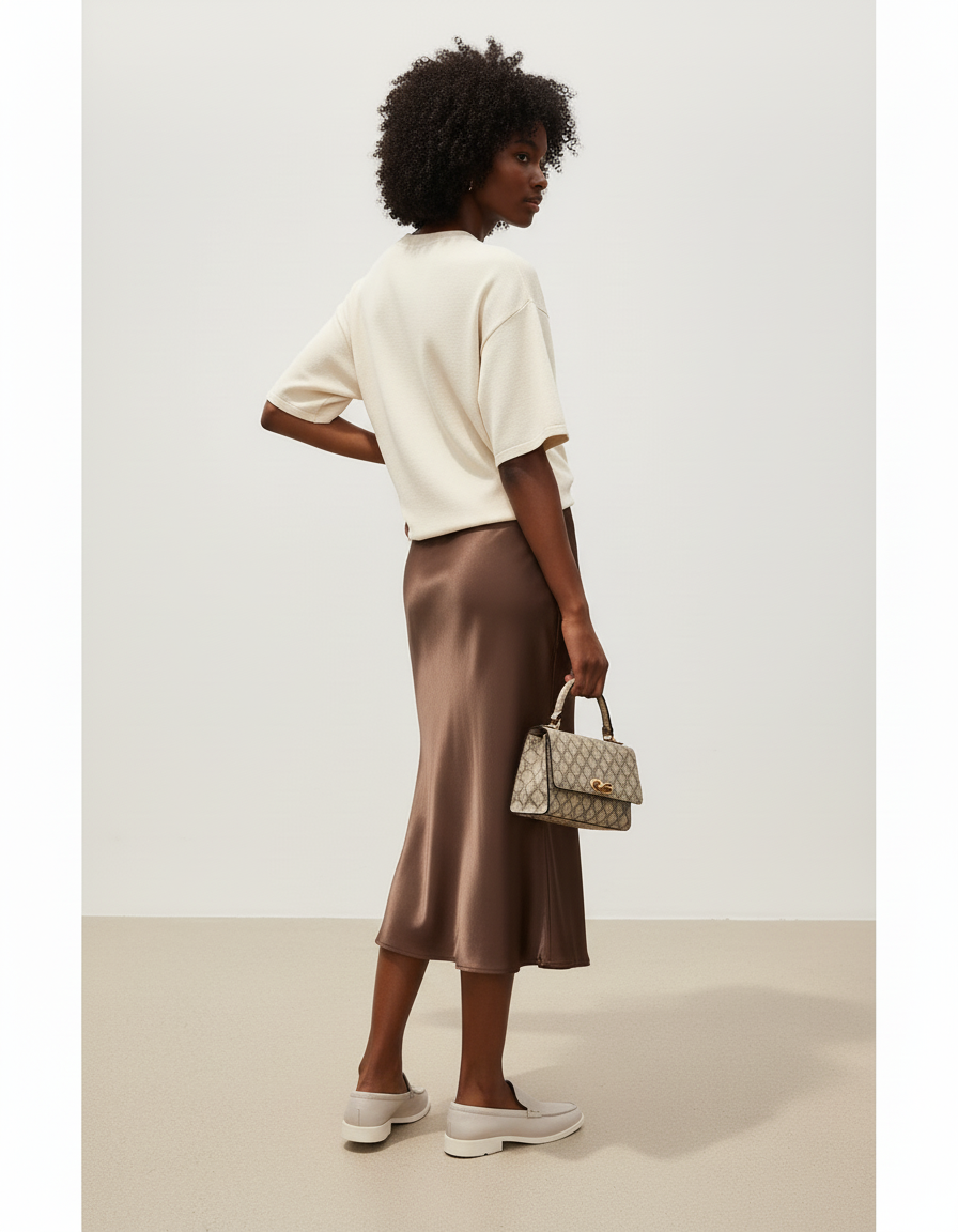 Jupe Satin Marron Fluide Élégante Quotidienne