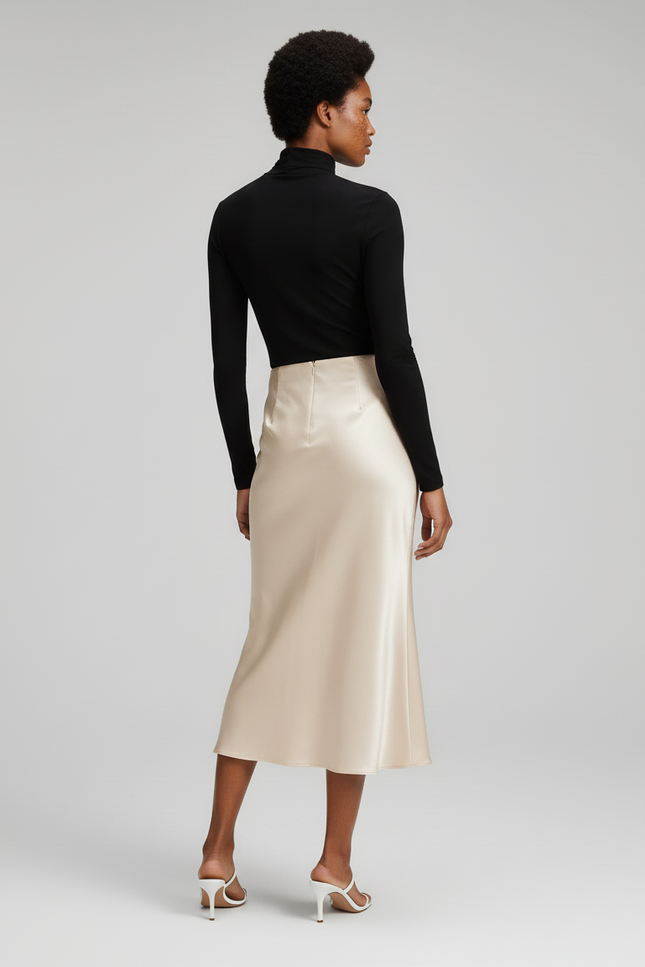 Jupe Satin Beige Midi Élégante Neutre