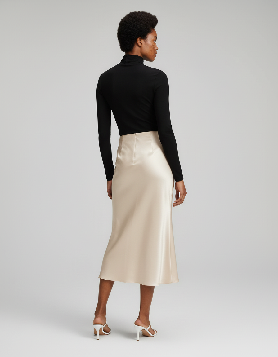 Jupe Satin Beige Midi Élégante Neutre