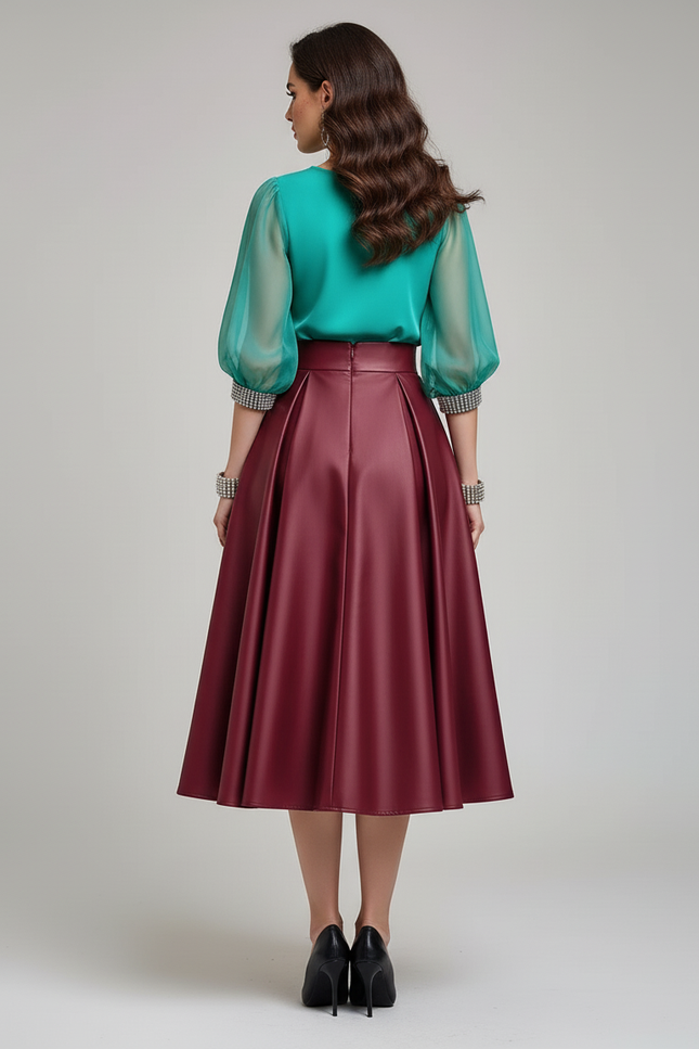 Jupe Satin Bordeaux Plissée Élégante