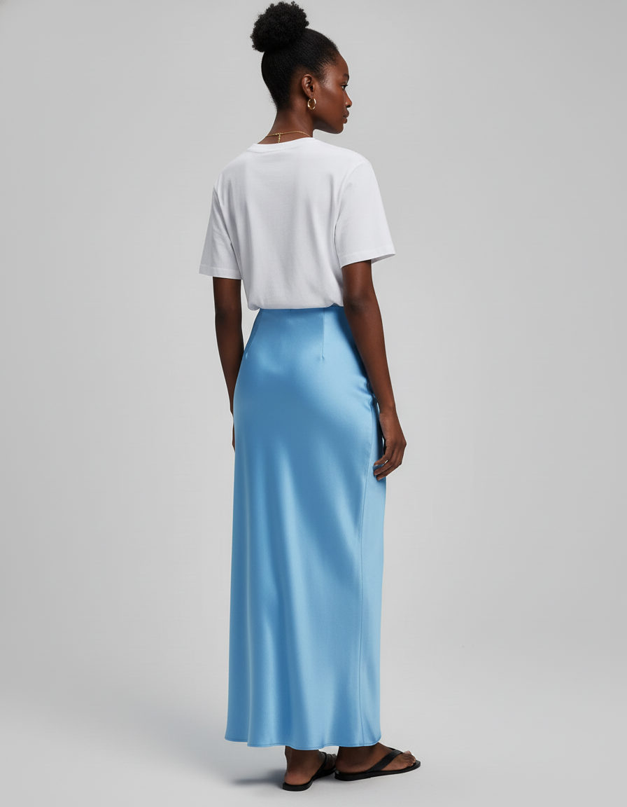 Jupe Satin Bleue Ciel Fluide Élégante