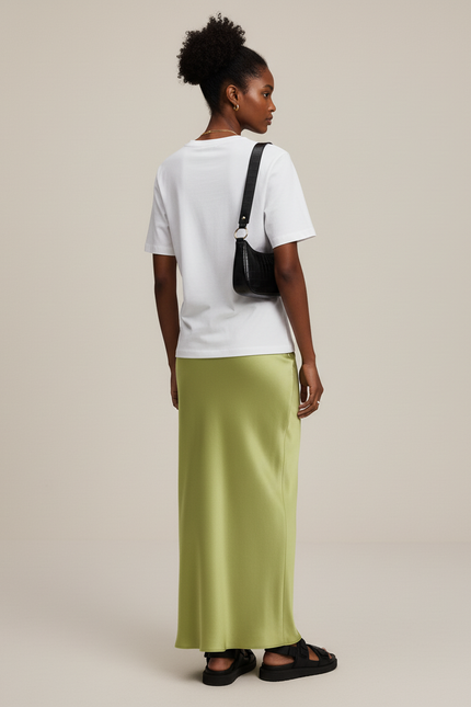 Jupe Satin Vert Pomme Longue Fluide