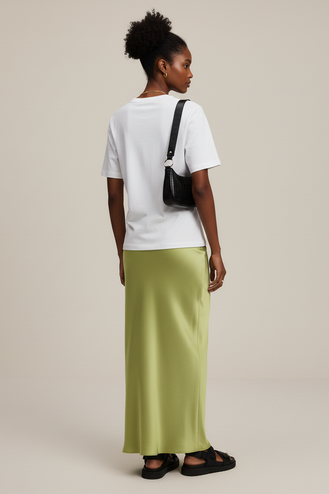 Jupe Satin Vert Pomme Longue Fluide