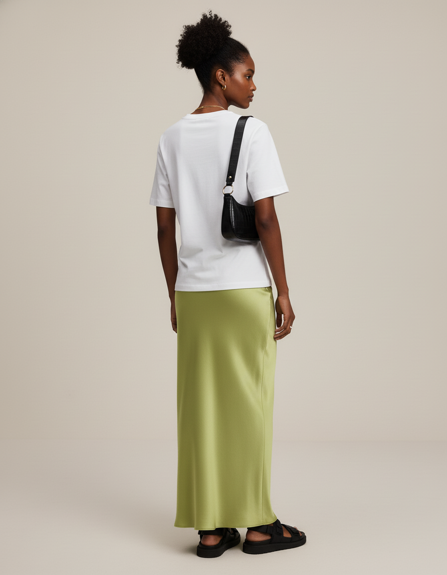 Jupe Satin Vert Pomme Longue Fluide