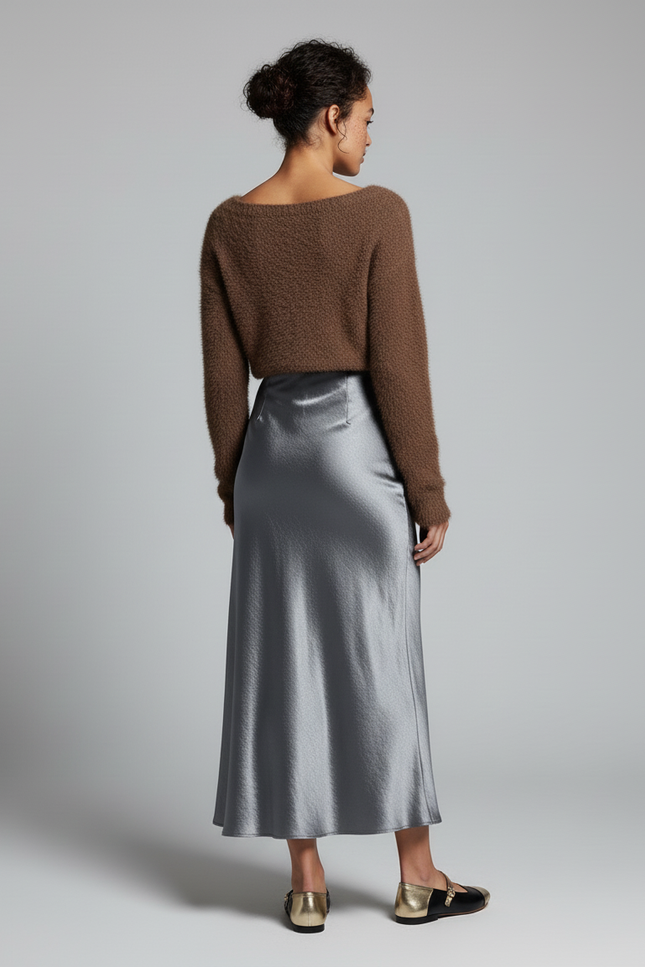 Jupe Satin Fluide Grise Élégante