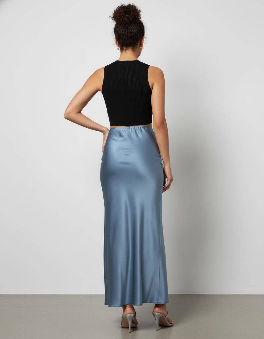 Jupe Satin Bleu Fluide Chic