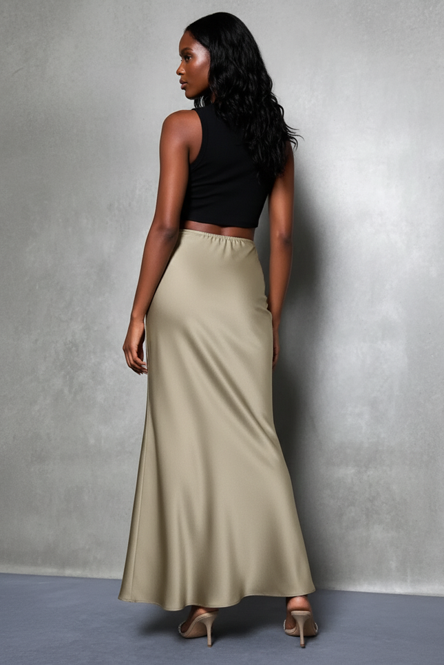 Jupe Satin Kaki Coupe Sirène Fluide