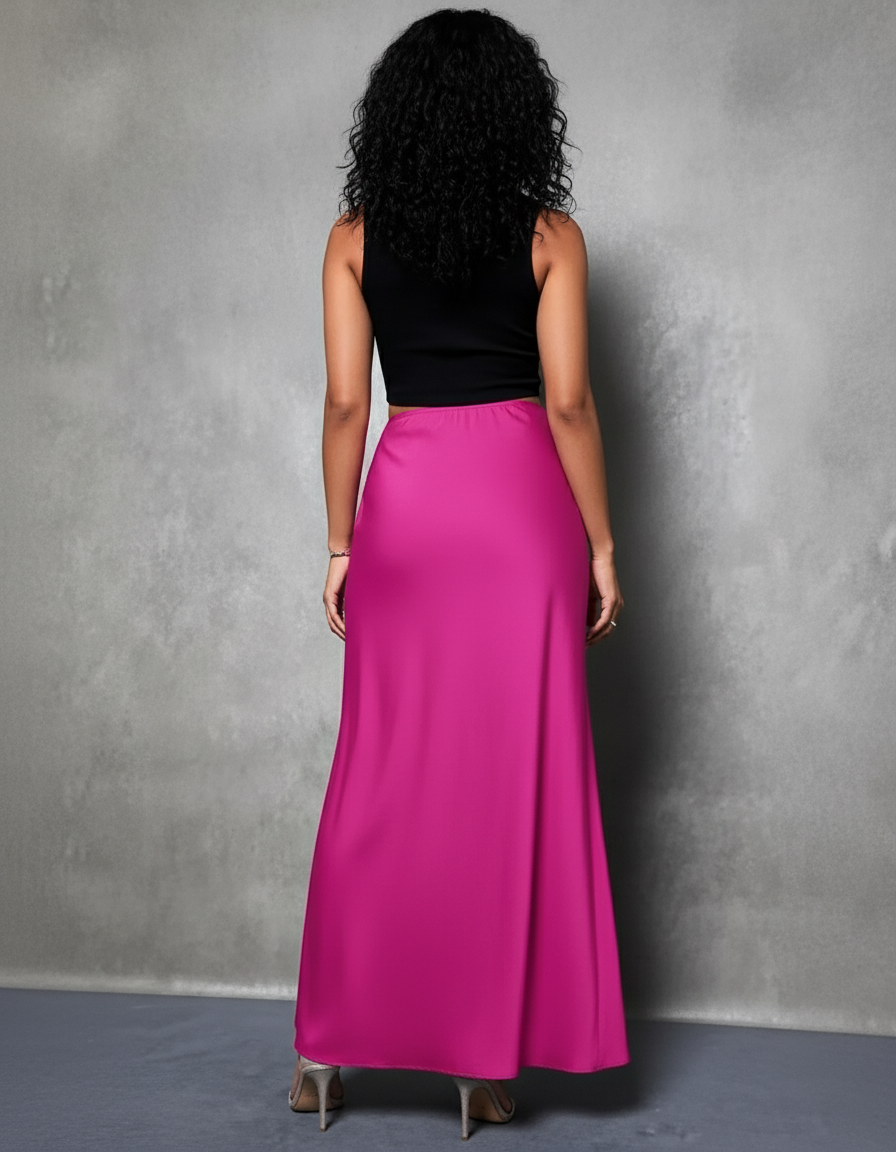 Jupe Satin Fuchsia Fendue Chic