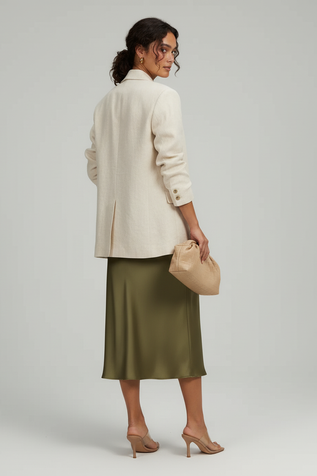 Jupe Satin Kaki Midi Élégante