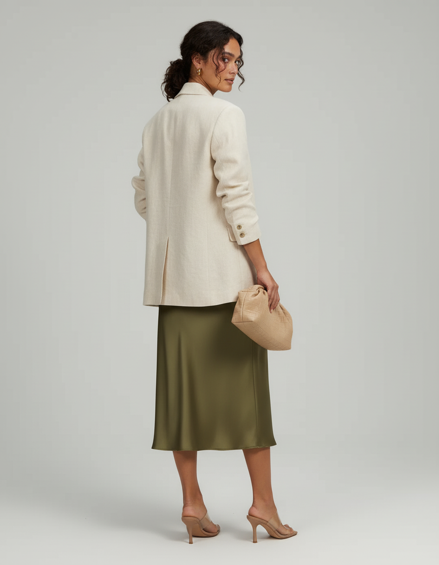 Jupe Satin Kaki Midi Élégante