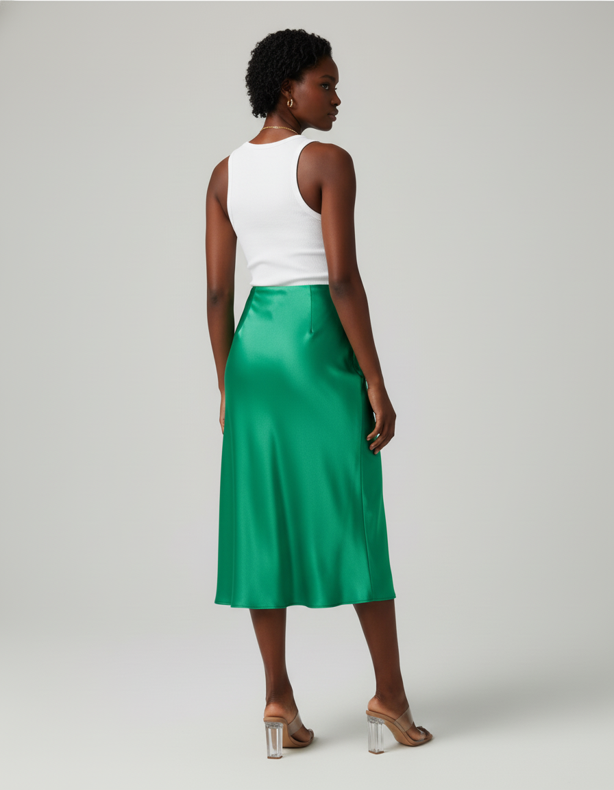 Jupe Satin Verte Midi Élégante