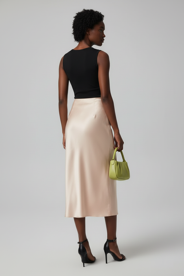 Jupe Satin Beige Midi Élégante Classique