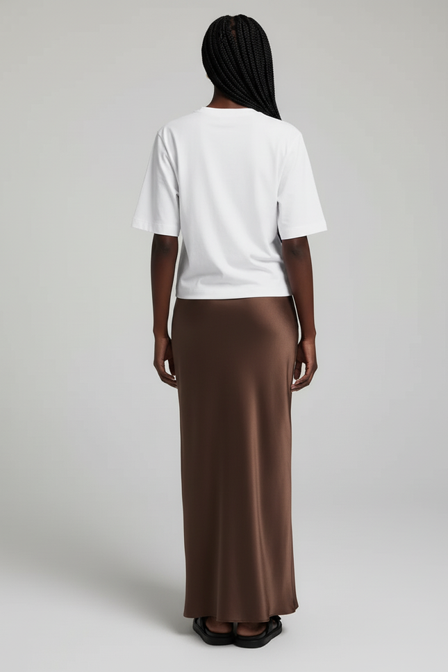 Jupe Satin Marron Longue Élégante Fluide