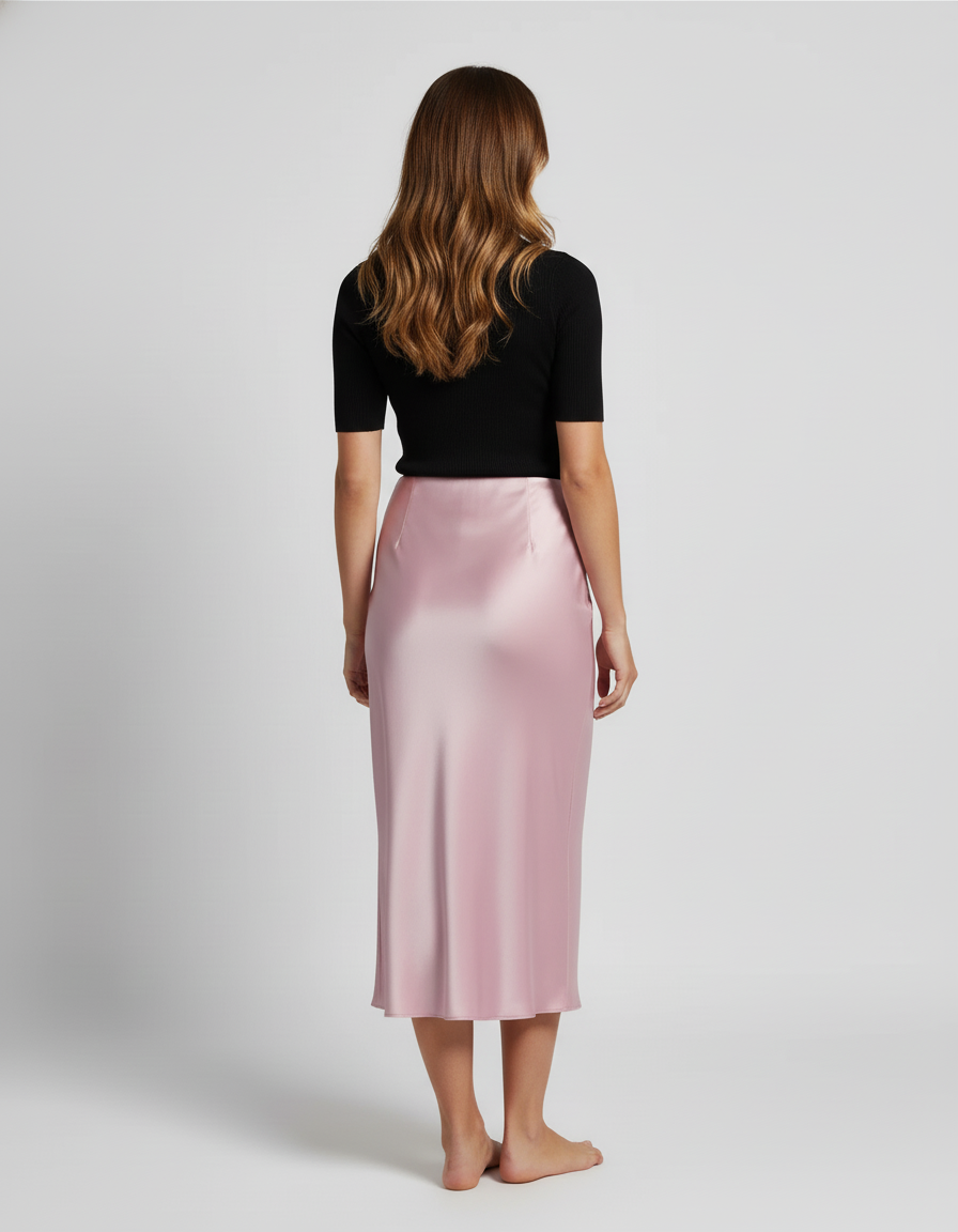 Jupe Satin Rose Pâle Fluide Élégante Douce