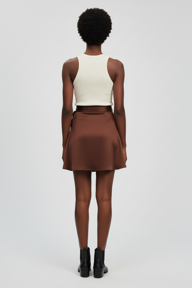 Jupe Satin Marron Portefeuille Élégante