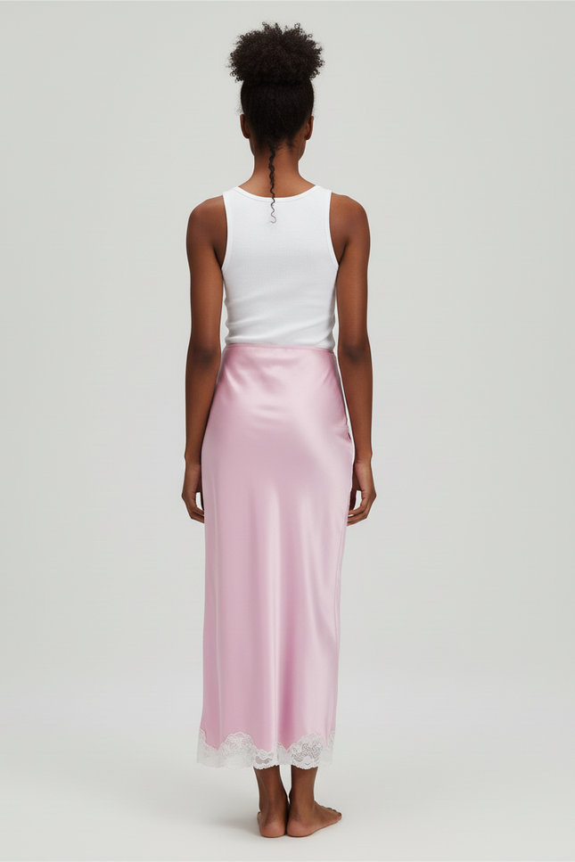 Jupe Satin Rose Dentelle Élégante