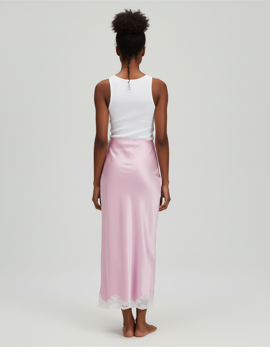 Jupe Satin Rose Dentelle Élégante