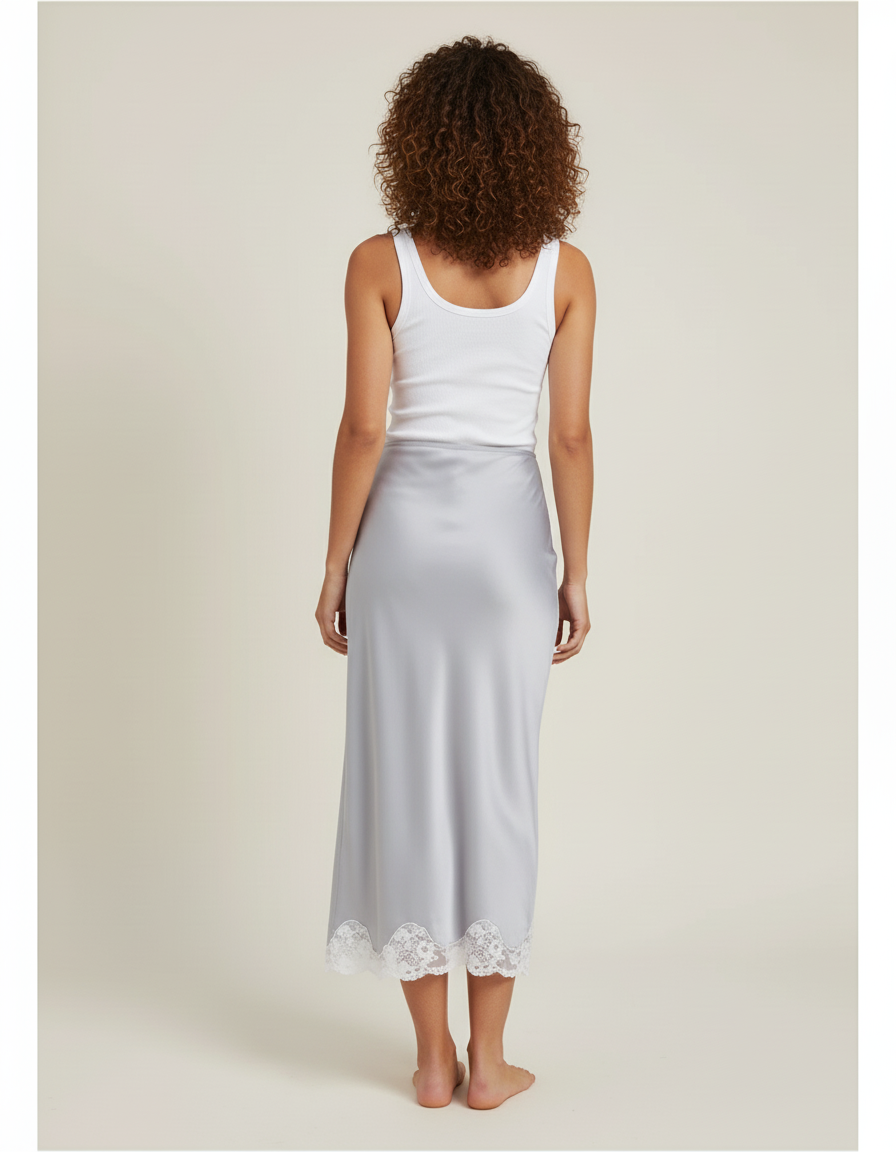 Jupe Satin Gris Dentelle Élégante