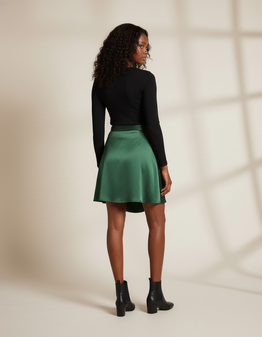 Jupe Satin Verte Portefeuille Fluide