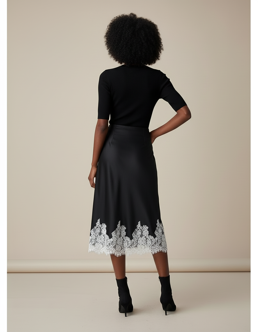 Jupe Satin Noire Dentelle Élégante