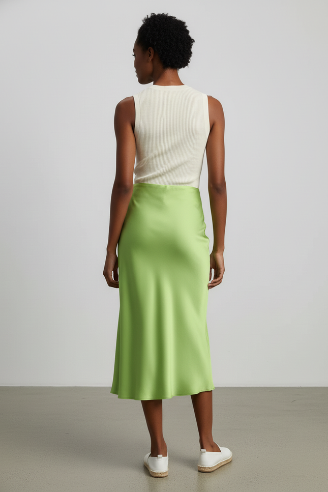 Jupe Satin Vert Midi Fluide