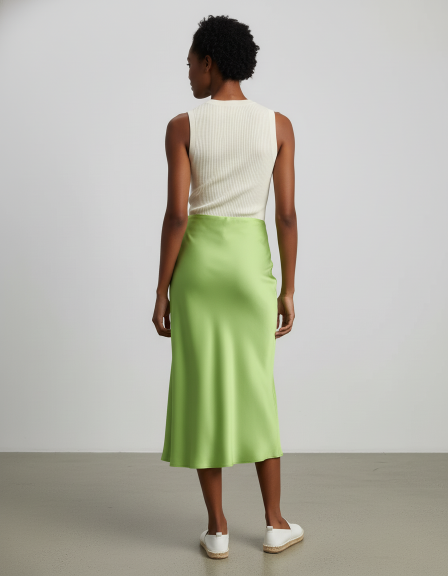 Jupe Satin Vert Midi Fluide