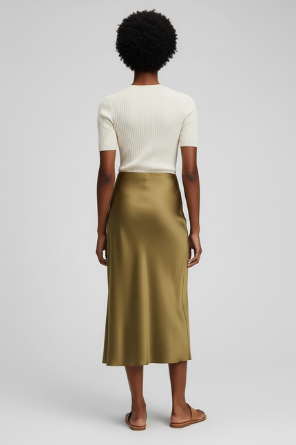 Jupe Satin Vert Olive Midi Fluide