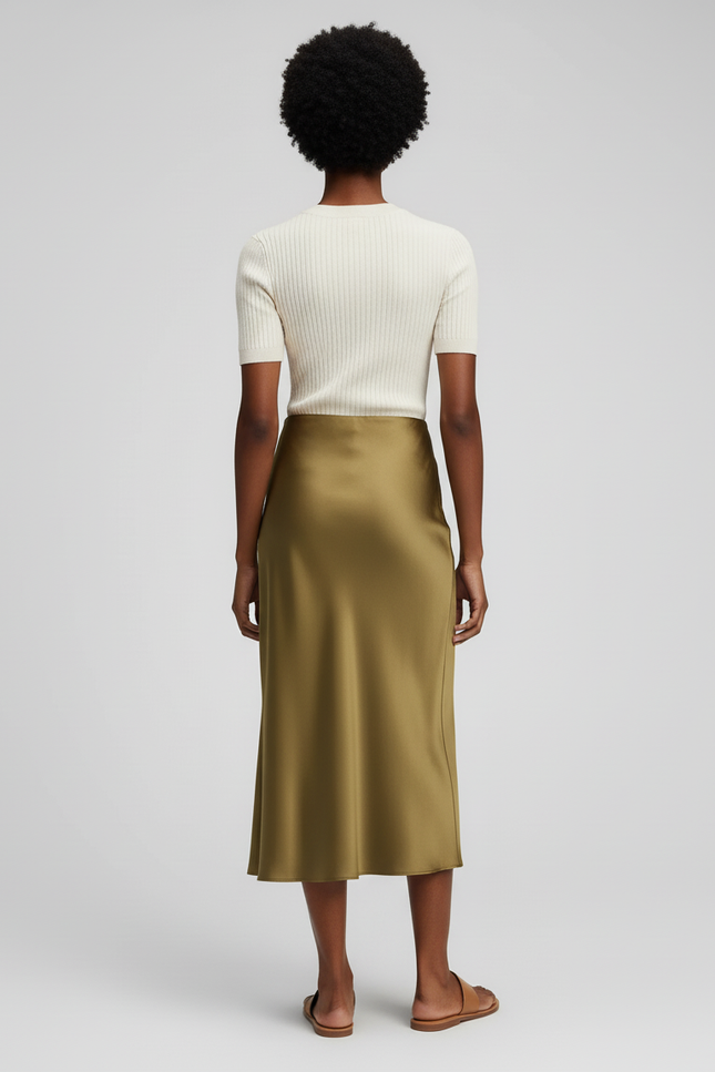 Jupe Satin Vert Olive Midi Fluide