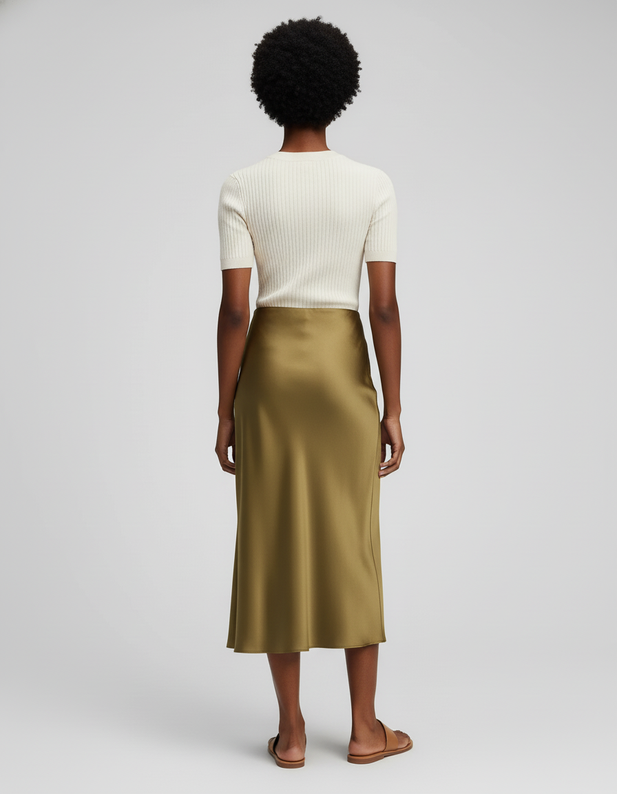 Jupe Satin Vert Olive Midi Fluide