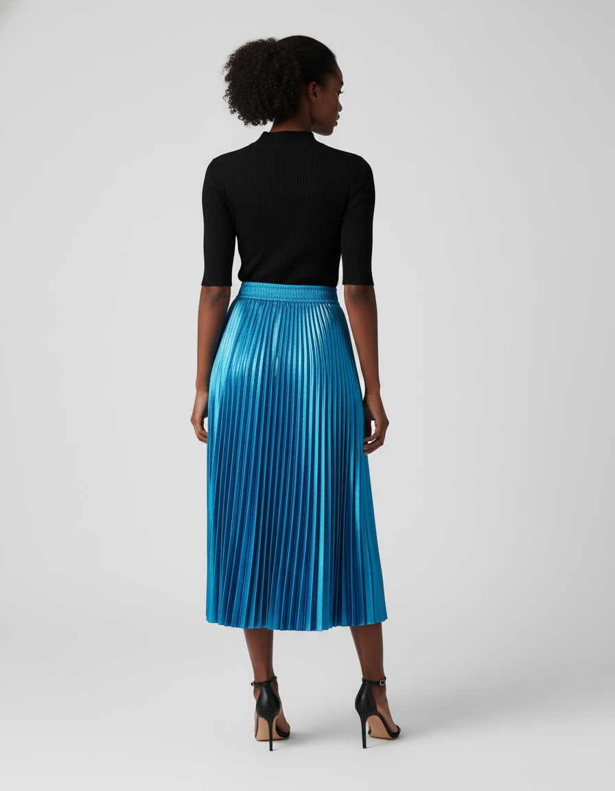 Jupe Bleue Longue Plissée Satin