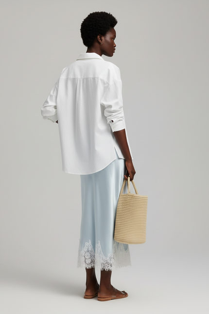 Jupe Satin Bleu Ciel Dentelle Fluide