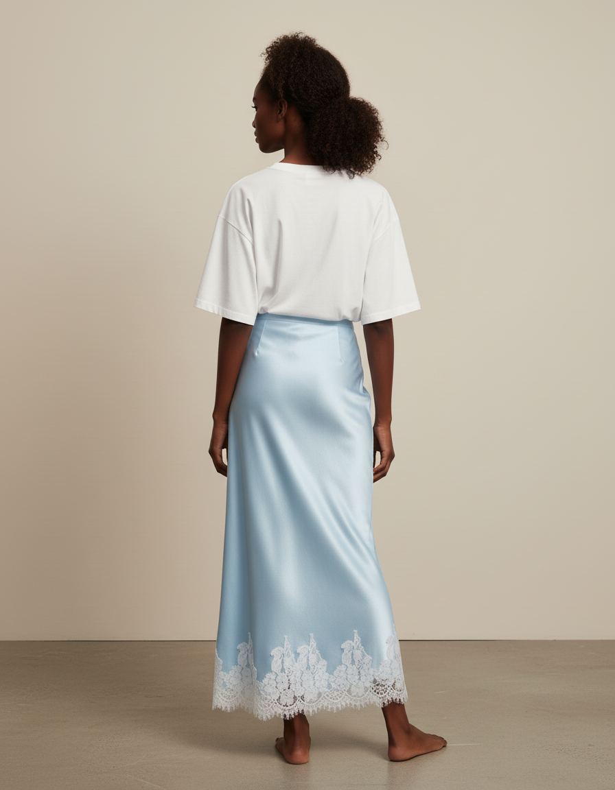 Jupe Satin Bleu Ciel Dentelle Élégante Délicate