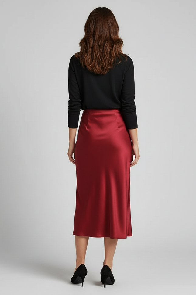Jupe Satin Rouge Bordeaux Midi Élégante