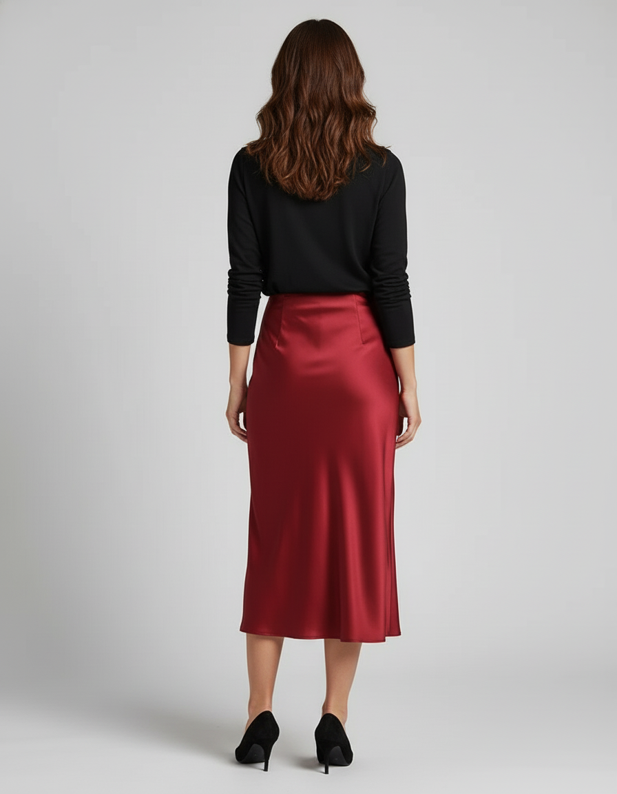 Jupe Satin Rouge Bordeaux Midi Élégante