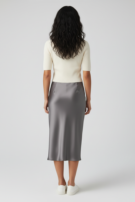 Jupe Satin Grise Midi Élégante