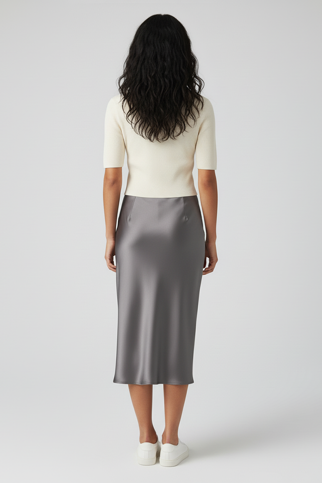 Jupe Satin Grise Midi Élégante