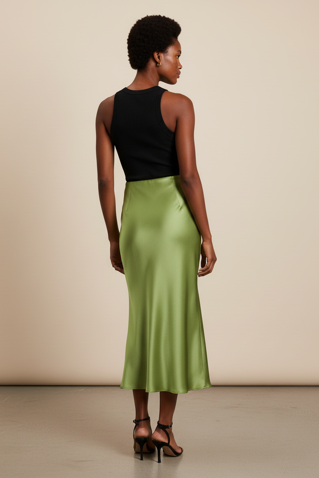 Jupe Satin Verte Midi Fluide