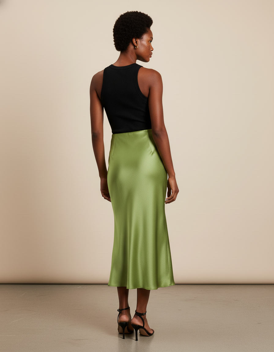 Jupe Satin Verte Midi Fluide