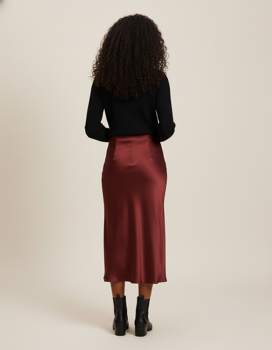 Jupe Satin Bordeaux Fluide Élégante Sombre