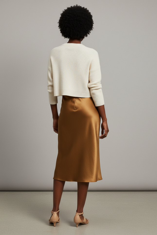 Jupe Satin Dorée Fluide Élégante Lumineuse