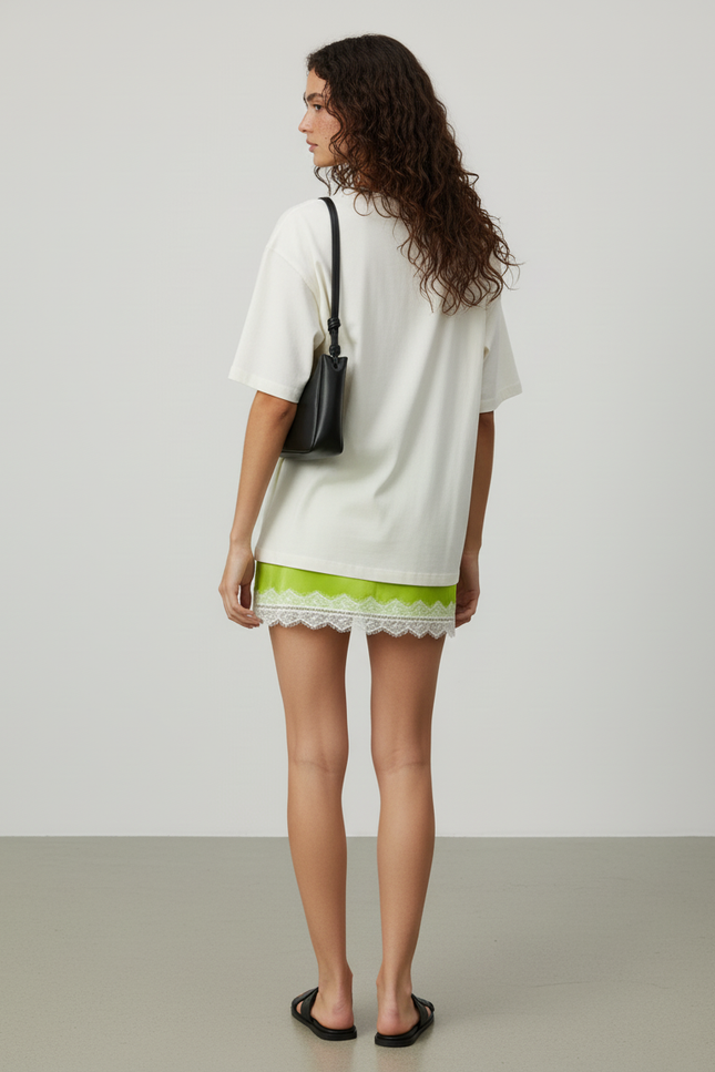 Jupe Satin Vert Fluo Dentelle Élégante