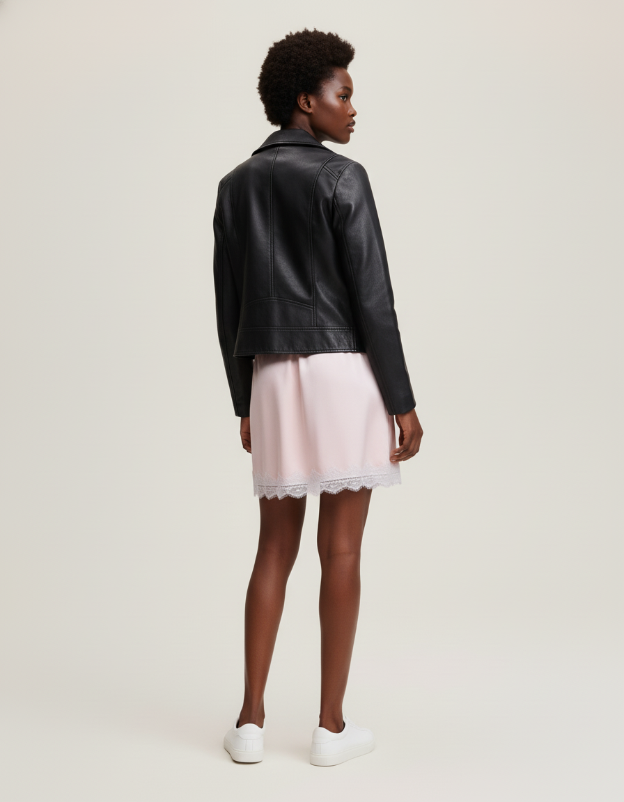 Jupe Satin Rose Élégante Bordure Dentelle