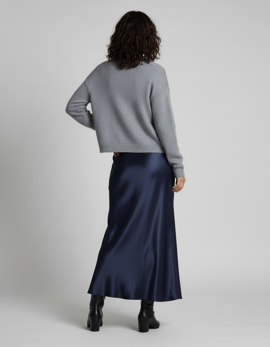 Jupe Satin Bleu Marine Fluide Élégante Profonde